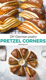 Make your own German soft pretzel corners - delicious buttery dough, sprinkled with coarse salt, with striking layers that are impressive and fun to eat. | allthatsjas.com | #pretzels #lye #pastry #bread #fromscratch #bake #German #breakfast #snack #easy #corners #triangles #coarsesalt #allthatsjas #recipes #Oktoberfest #side #dough #flour #yeast