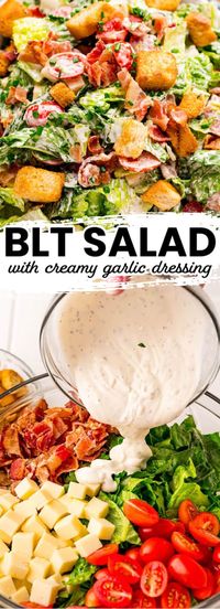 Most salads are not that exciting, this BLT Salad brings the delicious flavors of the classic sandwich to your new favorite salad! #BreadBoozeBacon #BLTsalad #salad #bacon #lettuce #tomato #sidedish #easylunch #dinnerrecipe #potluck #garlicdressing