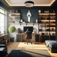 Diseña la habitación perfecta para tu hijo con esta combinación de zona de estudio y descanso gamer, decorada con un toque de artes marciales. Los muebles personalizados y la iluminación estratégica crean un ambiente funcional y estilizado. #HabitaciónGamer #ArtesMarciales #DecoraciónModerna #MueblesJuveniles #EspacioDeEstudio