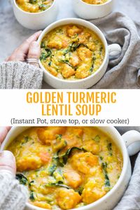 The coziest lentil soup. Creamy red lentils, yummy sweet potatoes, onions, garlic, fresh ginger, warming spices, and vibrant greens all cooked together in a good quality broth. Instant pot, stove top, or slow cooker. #glutenfreerecipes #instantpotrecipes #soup #slowcooker #lentils #turmeric #savorylotus