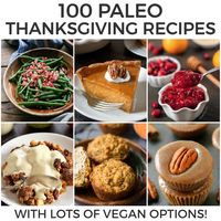 100 Paleo Thanksgiving Recipes that Your Family Will Love (about half are also vegan!) With turkey, bread, stuffing, desserts and more.