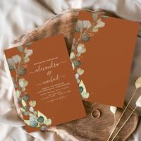 Budget Eucalyptus Burnt Orange Greenery Succulent Botanical Watercolor Spring Wedding Invitations on Black background - includes beautiful and elegant script typography with modern botanical leaves and greenery for the special Wedding day celebration.