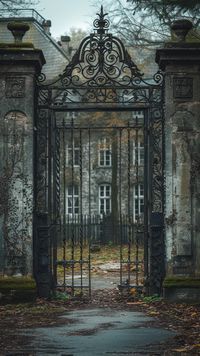 An ornate wrought-iron gate stands guard to an enigmatic estate shrouded in mist and history.