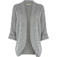 Stitch fix please! This open front cardigan features a perforated effect across the fabric. The piece features 3/4 sleeve styling and a ribbed effect on the sleeves and lapel.