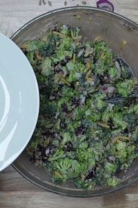 Enjoy this delcious broccoli cranberry salad with bacon all summer. Fresh broccoli, red onions, bacon, dried cranberries, and sunflower seeds. All mixed together in a creamy mayo and sour cream dressing.