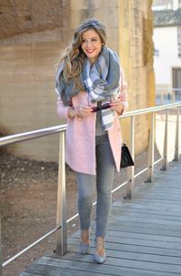 Pink coat, grey scarf, and heels