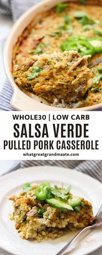 Use up leftover pulled pork to make this Salsa Verde Paleo Pulled Pork Casserole! You’ll love how flavorful and delicious it is, and it's kid-friendly as well.