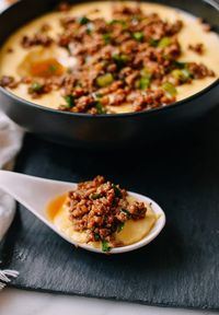 Steamed eggs w/ crispy pork is an easy Chinese recipe with amazing flavor. The silky eggs contrast with crispy bits of ground pork. Feel free to use chicken or beef! Source: thewoksoflife.com