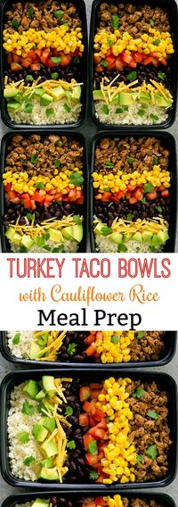 Skinny Turkey Taco Bowls with Cauliflower Rice Meal Prep. Low carb, easy and flavorful!