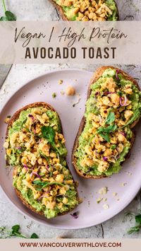 This high protein vegan avocado toast is made with 5 simple ingredients - including protein-rich smashed chickpeas - and takes minutes to throw together. Enjoy it as a healthy breakfast idea or even an easy lunch!