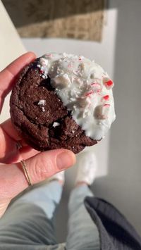 Chewy Chocolate Peppermint Cookies dipped in white chocolate and covered in peppermint candies. So perfect for the holidays! 1/2 cup unsalted butter, room temperature 1 cup light brown sugar, packed 1 egg, room temperature 2 teaspoons vanilla extract. 1 teaspoon peppermint extract 1/3 cup Duth processed cocoa powder 1 cup all purpose flour 1/2 teaspoon baking soda 1/2 teaspoon salt 3/4 cup white chocolate chips