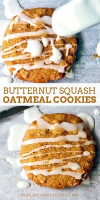 Oatmeal Butternut Squash Cookies are made with delicious BUTTERNUT SQUASH PUREE, oats, and spices and they bake up SOFT & CHEWY. These COOKIES are delicious right out of the oven, but why not dress them up with a sweet tasting MAPLE GLAZE? Go ahead, you'll be happy you did! #LTGrecipes #cookies #butternutsquash #oatmeal #oatmealcookies #maple #glaze #Thanksgiving #fall