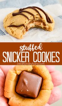 Love peanut butter? You'll go crazy for these PEANUT BUTTER SNICKERS COOKIES! Who can resist a chewy peanut butter cookie with a candy bar inside and melted chocolate on top? #snickercookies #snickerscookies #peanutbuttersnickercookies #snickersinside #cookieswithsnickers #candybarcookies -from Creations by Kara