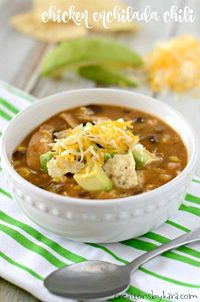 Chicken Enchilada Chili . . . this chicken chili is so packed with flavor that no one will guess how easy it is to make! It has a perfect amount of kick, and is ready in about 30 minutes. #chickenchili #enchiladachili #chickenenchiladasoup #easysouprecipe #creationsbykara