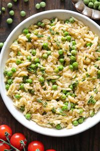 Creamy Garlic Parmesan Orzo with Green Peas.