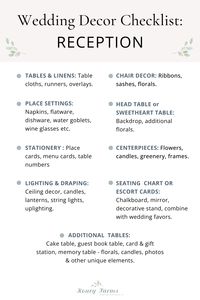 Don't forget a thing with this ultimate wedding reception decor checklist. These list out all the decor items you will need for a wedding reception. Read the full post to learn more and also grab the wedding reception decor checklist too! We are here to make wedding planning as easy as possible so that you have a stress free wedding!