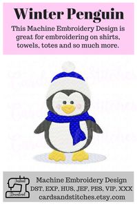 This Christmas Penguin Machine Embroidery Design is perfect for embroidering on shirts, tote bags, towels and even fabric squares to make a pillow or a quilt. #penguinembroideryfile #Christmaspenguinembroideryfile  #MachineEmbroideryDesign #MachineEmbroidery #MachineEmbroideryFile #EmbroideryFile