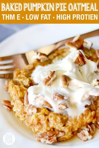 Taste like pumpkin pie, but it's healthy enough that you can eat it it everyday.  It has warming pumpkin spice and the richness of baked oatmeal.  We love the comfort that this hot breakfast gives when it's cold outside! #pumpkin #spice #bakedoatmeal #oatmeal #lowfat #THM #THME #healthy #lowsugar #pumpkinpieoatmeal #pumpkinoatmeal #hotbreakfast #breakfast #comfortfood #highprotein