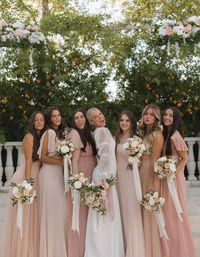 Jenny Yoo Mix and Match Pink Bridesmaid dresses in shades of pink. Long bridal party gowns in Tulle and Chiffon. @_kennedylyons bridesmaids in Cameo Pink, Rosewater, and Soft Blush?! Captured by @haleyadellphoto 🤍