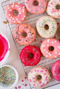 Lovely and colorful photo styling! Assorted homemade glazed donuts on a grid