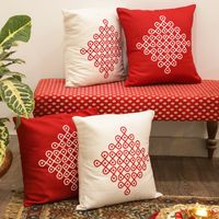 "Add splendor to your living room with this traditionally printed Kolam cushion cover from Desifavors. Designed for every spiritual-conscious homemaker, these covers have been crafted using 100% cotton by women artisans giving them a soft feel.   Note : Cushion cover is sold without filler. Product Specifications Size: 16\" * 16\" Material: Cotton Blend Package(s): 1"