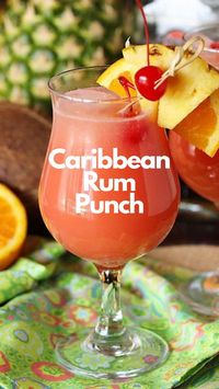 A true taste of the Caribbean, this punch recipe blends light and dark rum with pineapple juice and cream of coconut. Instead of orange juice, Caribbean rum punch uses triple sec and sweet and sour mix. There’s a lot going on in this cocktail, but it comes together into a creamy, sweet, and tart beverage. #CarribeanRumPunch