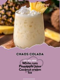 White rum 1 1/2 oz Pineapple juice 2 oz Coconut cream 1 oz Ice as needed Pineapple slice for garnish In a blender, combine white rum, pineapple juice, and coconut cream with ice. Blend until smooth and pour into a glass. Garnish with a pineapple slice. #HalloweenCocktails #TropicalEscape