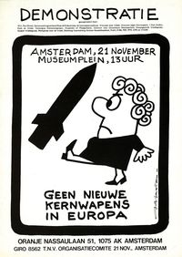 affiche voor de grote anti-kernwapendemonstratie op 21 november 1981 in amsterdam, vervaardigd door de amsterdamse tekenaar opland in opdracht van het landelijk organisatiecomité 21 november | de betoging op het museumplein trok ruim 400.000 mensen en is daarmee de grootste die ooit in de hoofdstad is gehouden