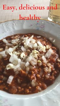 30min · 8 servings  Easy, healthy, delicious Chili recipe. Keto friendly.  Ingredients:  • 3Tbs of Olive Oil   • 1 1/2 lb of grounded meat  • 1 onion - chopped   • 3 cans of Chili beans 15 oz each   • 1 can of Diced Tomatoes 14.5 oz each  • 1 can of tomato paste + 8 oz of water  • 1/2 tsp of dry Oregano   • 2 Tbs of Chili Powder  • 1 1/2 tsp of ground Cumin   • 1 pinch of crushed Red Pepper   • 1 pinch of Cayenne pepper   • 1/8 tsp of Garlic powder and Onion powder   • Salt and pepper to taste   • Grated cheese and chopped onion for garnish  How to:  • Sauté onion in oil, add meet to brown.  • Add all the remaining ingredients and simmer on medium heat for 20 min (or until desired consistency).