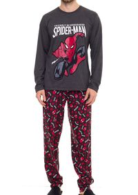 Características:  	Pijama Masculino Longo Spider Man 	Confeccionado em malha mescla preto meia malha penteada 	Blusa possui gola redonda e mangas longas 	Estampa frontal do personagem Spider Man 	Calça com cós elástico embutido 	Com um conceito alegre, versátil e descontraído, existimos para momentos  	de descanso, com peças leves e modernas 	Modelo Tal pai e Tal filho  Atenção: Algumas telas de celulares e computadores podem distorcer o  tom das cores do produto Composição:  	Blusa: 52% Algodão