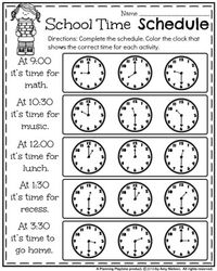 Back to School First Grade Worksheets - School Time Schedule telling time worksheet.