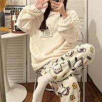 Sanrio Plush Pajamas Suit Anime Hello Kitty Y2K Flannel Winter Sleepwear Set Kawaii Kuromi Stuff Pajama Top Pants Tracksuit Gift Color: fire.