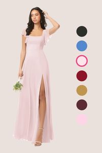 Bondi is our gorgeous bridesmaid dress cut from chiffon. She features a square neckline with flutter sleeves and a self tie scoop back. The look is complete with an A-line skirt paired with a leg slit.