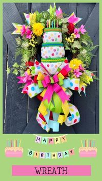 Birthday wreath for front door in bright happy colors! Made with an artificial birthday cake attachment and big beautiful bow!

Here is the link to my Etsy shop, copy and paste the following link. https://etsy.me/3HdOv3m

