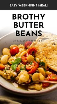 Brothy Weeknight Butter Beans - This easy butter bean stew is perfect for busy evenings! You just need a few ingredients and half an hour on the stove for this one pot dinner. Start by sauteeing some garlic and shallot, then stir in some veggies, red pepper flakes, and creamy canned butter beans. Simmer that all in a bit of veggie stock, then finish with lemon juice and plenty of fresh herbs. With how to photos and plenty of notes for ingredient substitutions!