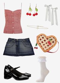 Americana aesthetic | Lana del Rey aesthetic | Coquette | summer outfit | spring outfit | denim mini skirt | Mary janes | Cherries | bows | lace socks | gold jewelery | picknick outfit | daytime outfit