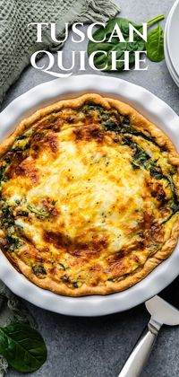 Tuscan quiche is loaded with baby spinach, sun-dried tomatoes, and diced shallots, creating the perfect option for breakfast or brunch.