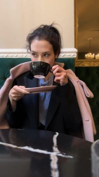 ♡ Veronika Lipar fashion editor Brunette from Wall Street #winterworkoutfit #coffeedate #businessformal #pantsuit #wintercoat #pinkcoat #silkblouse #blazer #pants #matchalatte #winterbrunchoutfit #winterworkwear