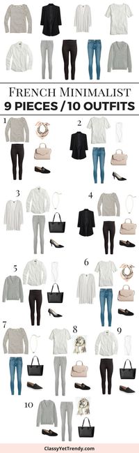 Turn 9 basic essentials in your closet into 10 outfits, French Minimalist sryle!   These 9 tops, pants and jeans are classic and timeless pieces that are always in fashion.  They mix well with one another because of the neutral colors.