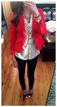 Black and white polka dots with a red blazer and gold accessories. Fall work outfit business casual