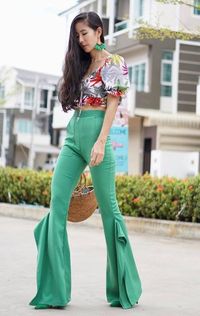 Women's Asymmetric Draped Frill Side Cigarette Trousers/ High Waisted Ruffle Flare Bell Bottoms Pant