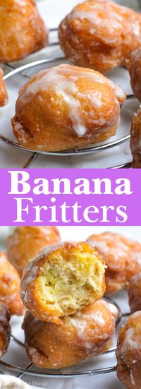 Banana Fritters are made with cakey batter, fried to perfection, loaded with bananas, and coated with a sugar glaze. #bananafritter #bananadessert #fritters