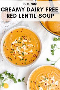 This creamy red lentil and carrot soup is the perfect cozy plant based dinner that is so easy to make! #redlentilsoup #lentilsoup #carrotsoup #healthysoup #eatwithclarity