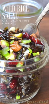 Wild Rice Salad with Cranberries and Nuts is the perfect fall and holiday salad, it's healthy and bursting with colorful fruits and nuts in every bite. #salad #fall #Thanksgiving #Thanksgivingside #glutenfree #glutenfreesalad #wildrice #ancientgrain #wholegrain #lunch #healthy #whole30 #nutritious #cranberries  via @https://www.pinterest.com/slmoran21/