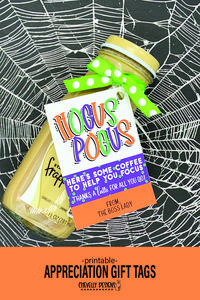 Hocus Pocus Halloween appreciation gift tags. Great for staff and employee gifts. Coffee and Latte tags.