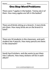 One Step Word Problems All Operations PDF, Word Problems Worksheet for 1st Grade, 2nd Grade, Math Worksheet, Solve Word Problems, Printable Easy one-step word problems for beginners involving addition, subtraction, multiplication and division. These real-life scenarios word problems involves: *addition as combining or adding items together. *subtraction as taking away or removing items from a given quantity. *division as a way to share items equally among a certain number of groups or individual