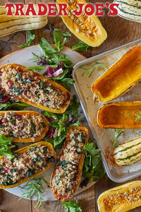 Trader Joe’s Delicata Squash is a culinary treasure!  When cooked, the striped skin softens and becomes edible (read: no peeling necessary!).  Sliced into rings or rippled half-moons and roasted, Delicata Squash is a festive side dish for an autumnally-inspired meal. Or for a meatless main dish, roasted Squash halves are comestible containers for a variety of fillings. How about Delicata Squash stuffed with TJ’s Mushroom Risotto? Yes, please!