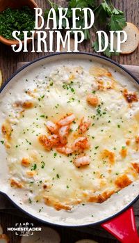 Baked Shrimp Dip is a creamy, cheesy, and flavorful appetizer loaded with shrimp and baked in the oven until hot, golden, and bubbly. Serve it with crackers or crostini for your next game-day gathering or party!