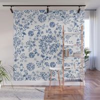 Botanicals in a circles. ferns, garden, leaf, botanic, white, blue, boho, white-blue. Wall Mural