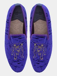 Velvet smoking slippers bring a touch of elegance to your look. Notice the RG Pitbull standing strong in hand-stitched embroidery.  Velvet upper Hand-embroidered signature Pitbull Slip-on Non-skid sole  100% velvet  Spot clean  Imported